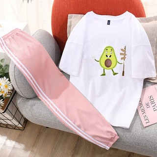 Sét quần áo nữ in hình bé bơ cầm gậy kèm quần thun hồng bo gấu 2 sọc