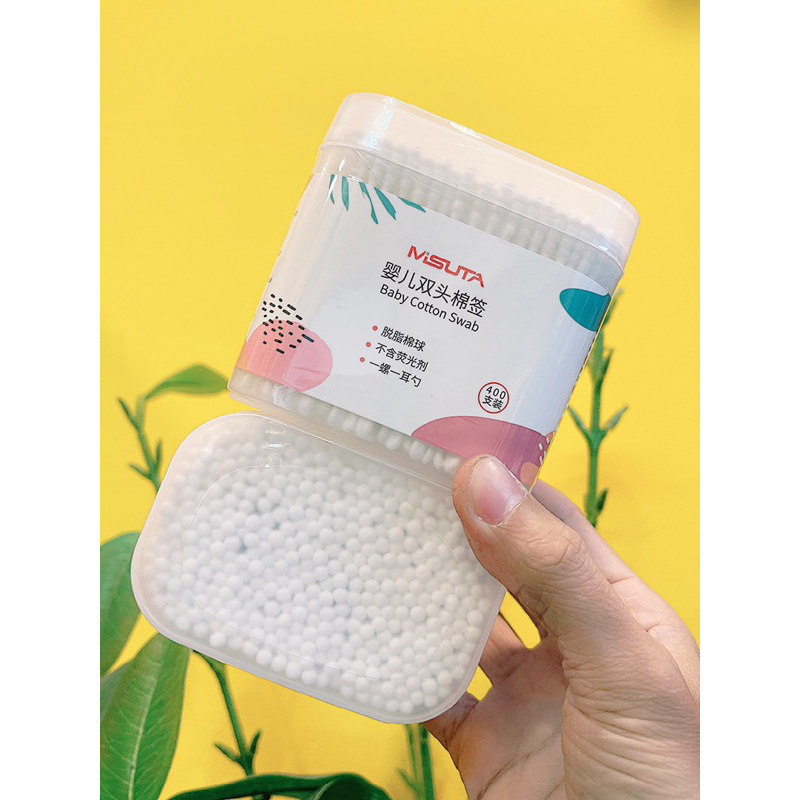 Hộp 400 cây Tăm bông cho bé sơ sinh Misuta, bông tự nhiên LVT