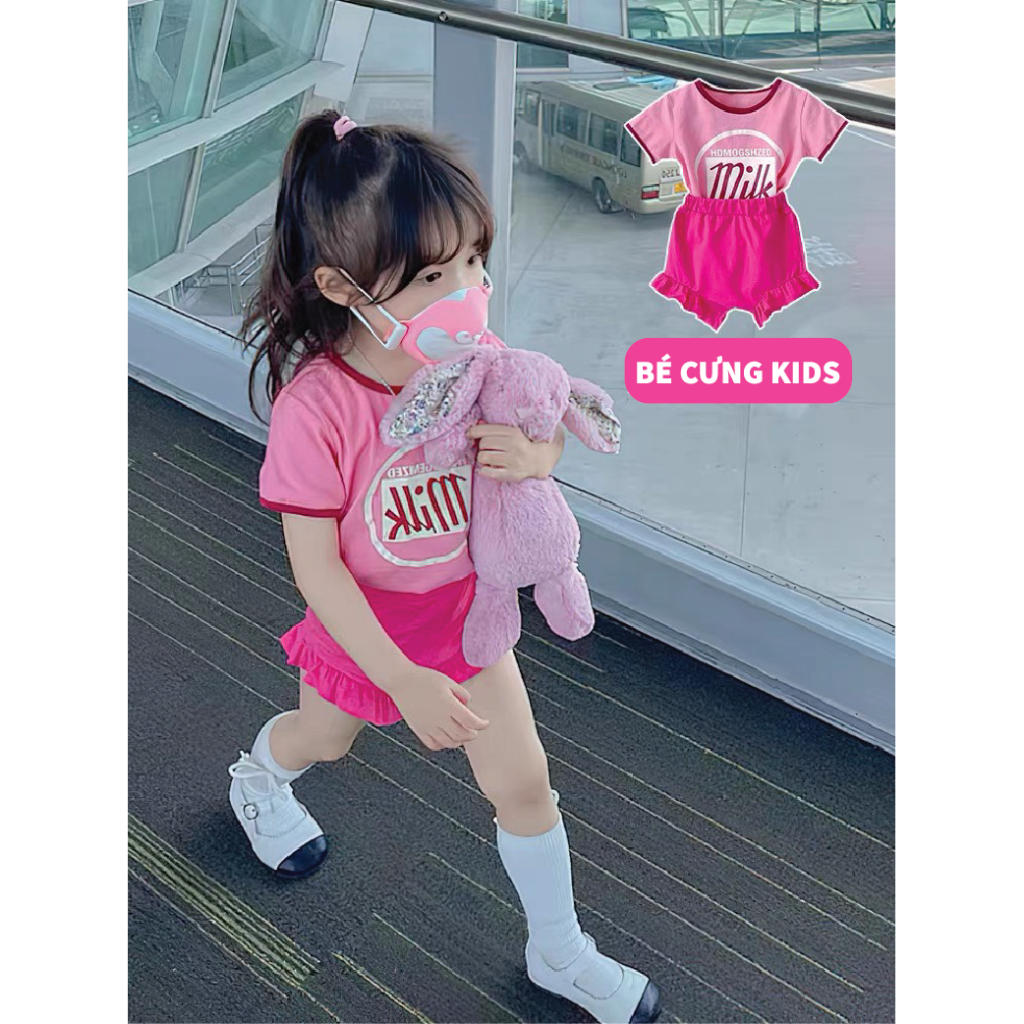 Set Bộ Áo Thun Cotton Tay Ngắn Hồng Dâu + Quần Đùi Bèo Hồng Dành Cho Bé Gái
