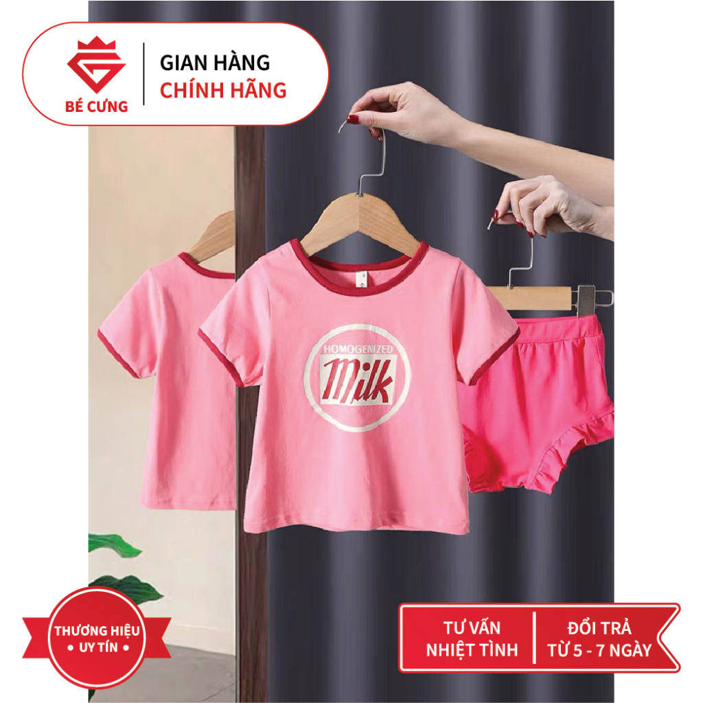 Set Bộ Áo Thun Cotton Tay Ngắn Hồng Dâu + Quần Đùi Bèo Hồng Dành Cho Bé Gái