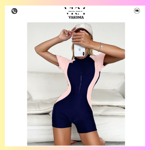 Bikini 1 mảnh áo tắm liền thân đi biển tay ngắn khóa kéo che khuyết điểm đồ bơi nữ kín đáo VAKOMA TT95