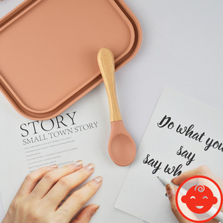 Thìa ăn dặm silicon CÁN GỖ cho bé