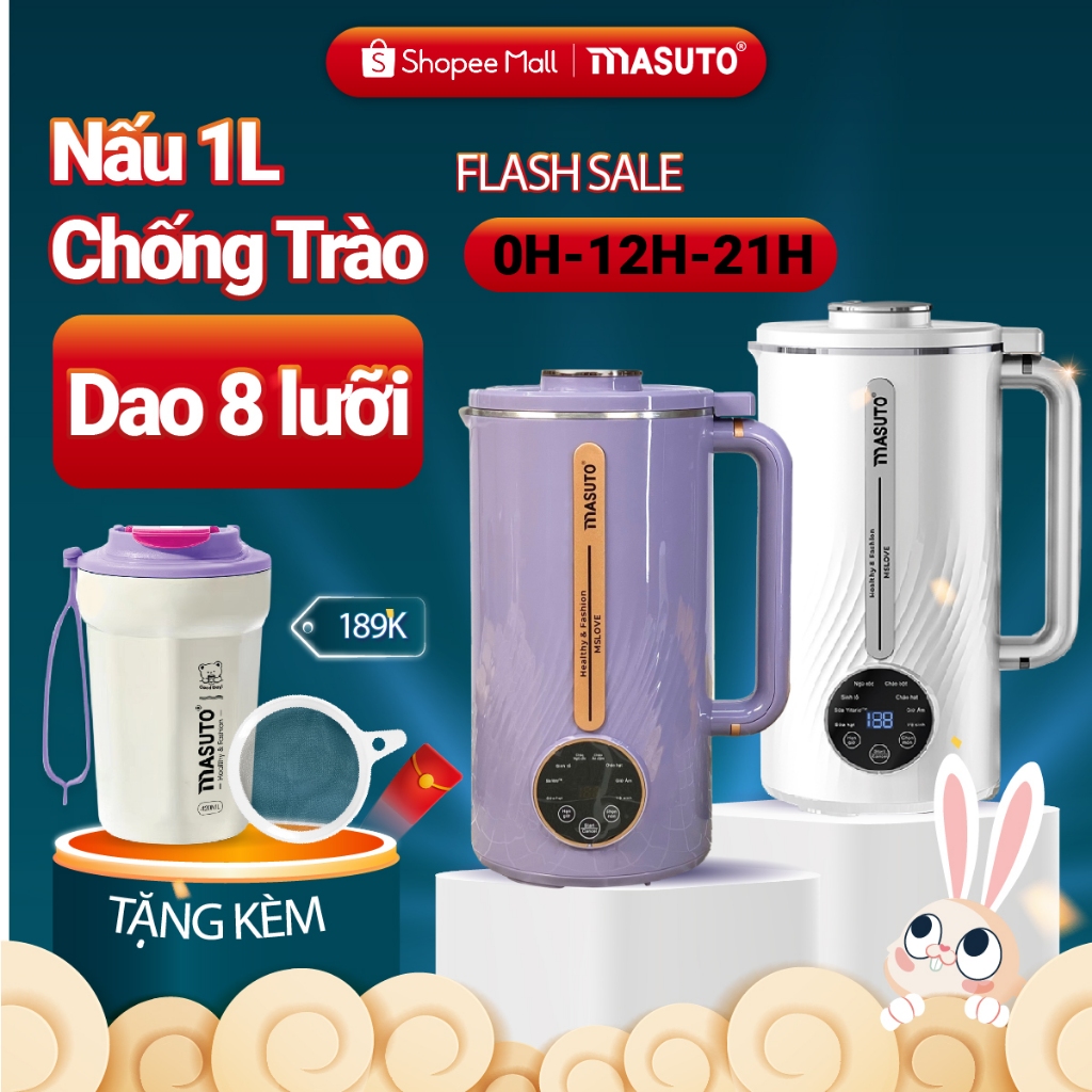 Máy làm sữa hạt Masuto 1L xay các loại hạt siêu nhuyễn mịn chống trào, 8 chế độ nấu, dễ vệ sinh