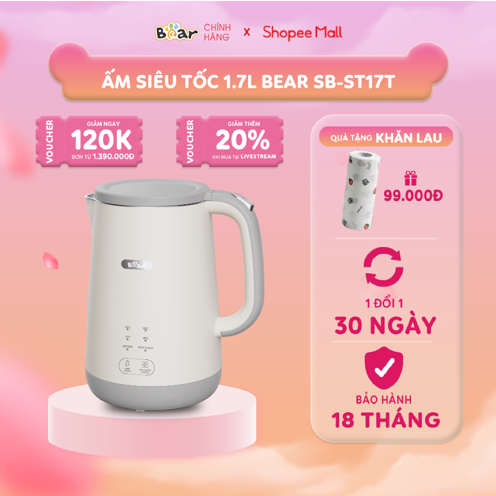 Ấm Đun Siêu Tốc Giữ Nhiệt Bear SB-ST17T 1800W Dung Tích 1,7L Cảm Ứng Dễ Dàng Sử Dụng - Bảo Hành 18 Tháng bản Tiếng Việt