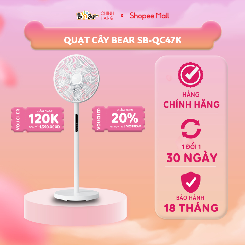 Quạt Điện Đứng Bear SB-QC47K Màu Kem Chống Ồn Điều Khiển Từ Xa Tiết Kiệm Điện Sang Trọng Quạt Cây Đứng