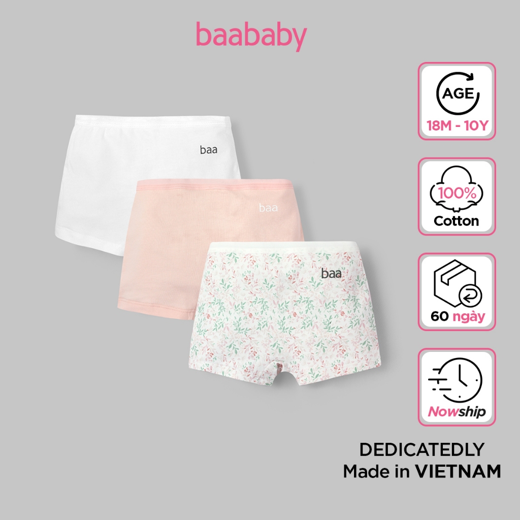 Set 3 quần lót cotton em bé, bộ quần chip thoáng khí cho bé gái từ 1 tuổi - 10 tuổi Baa Baby