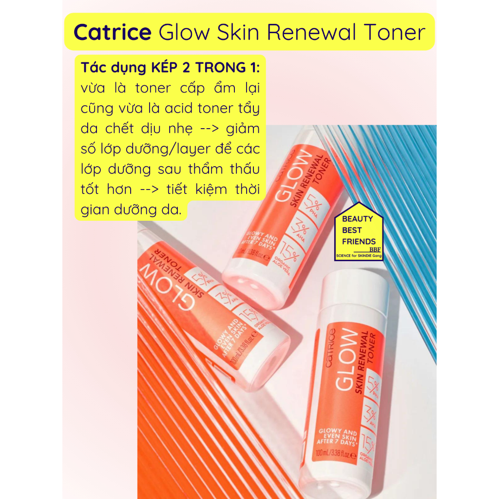 Toner cấp ẩm tẩy da chết Catrice Glow Skin Renewal Toner PHA 5% + AHA 3% 100 ml