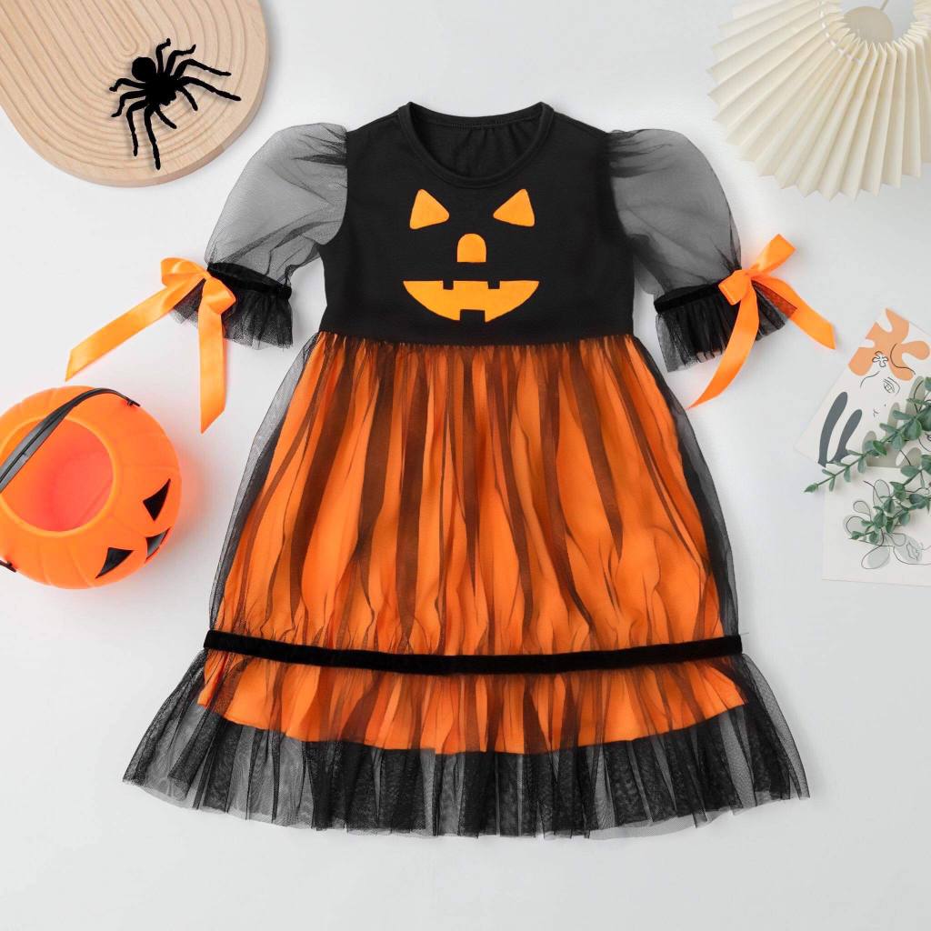 Set bộ đồ hóa trang trẻ em đầm bí ngô Haloween từ 4-8 tuổi - Gloria Kids