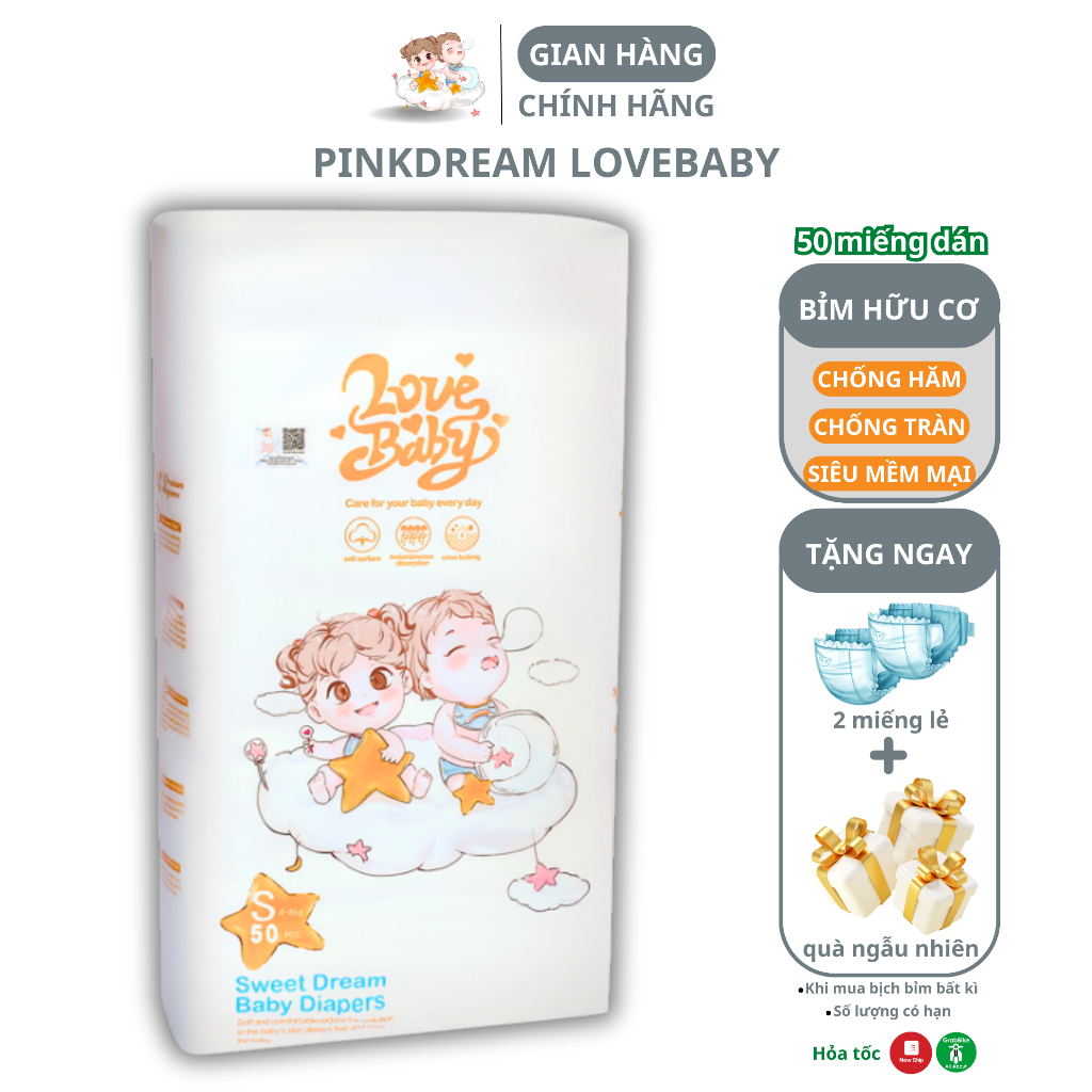 Tã Bỉm Dán size S 50 miếng hữu cơ Pinkdream Lovebaby mỏng nhẹ thoáng khí siêu thấm hút cho bé từ 4-8kg