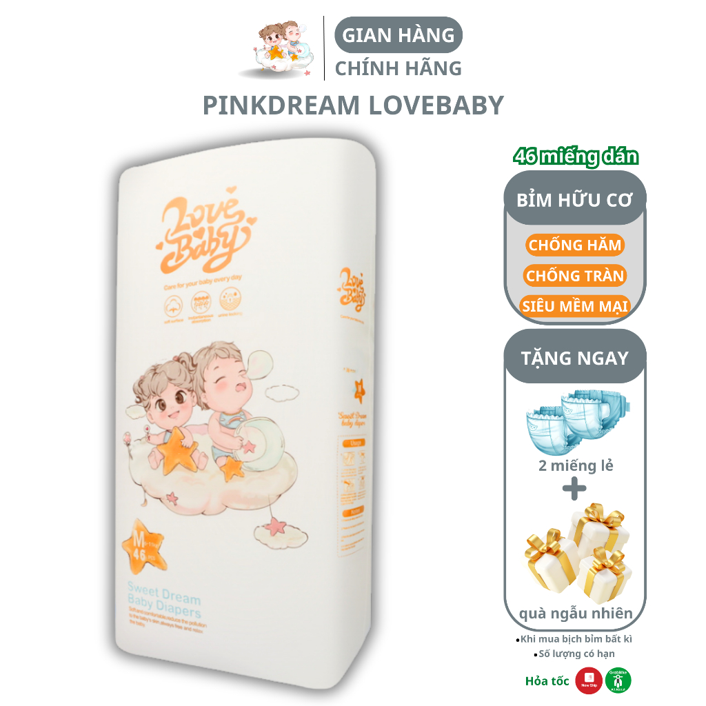 Tã Bỉm Dán size M 46 miếng hữu cơ PinkDream lovebaby thoáng mát chống hăm siêu thấm hút cho bé từ 6-11kg