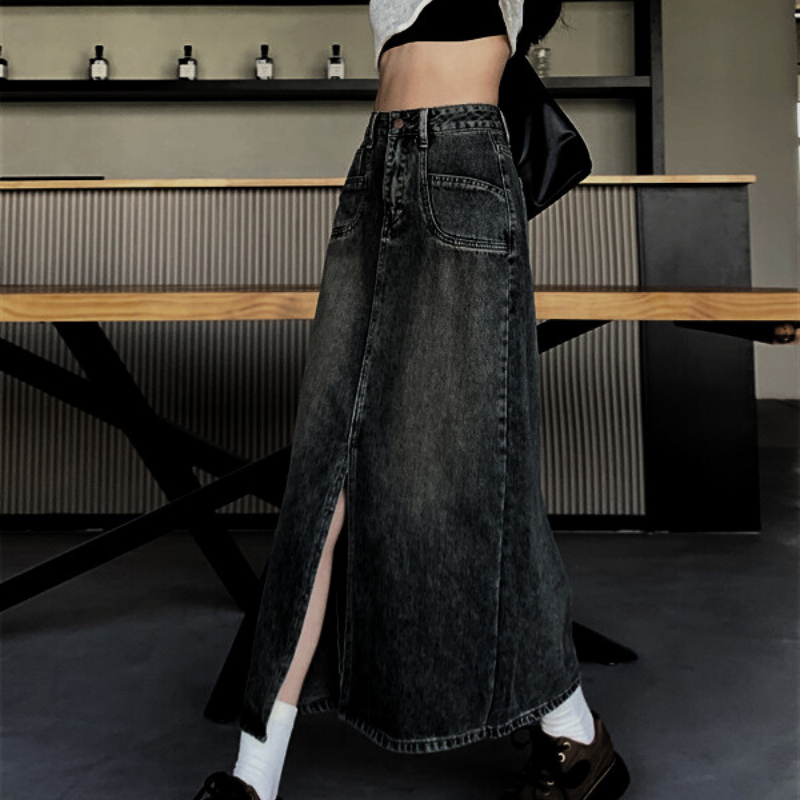 Chân váy jean dài dáng suông váy bò demin cạp cao xẻ tà trước phong cách Hàn Quốc V12