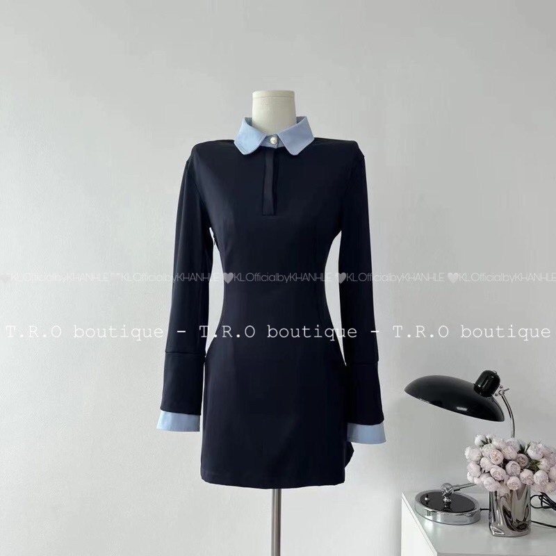 Váy Umi Xanh Đính Cúc Viền Đỏ Phối Cổ Sơ Mi Siêu Xinh, Diện Đi Làm, Đi Chơi