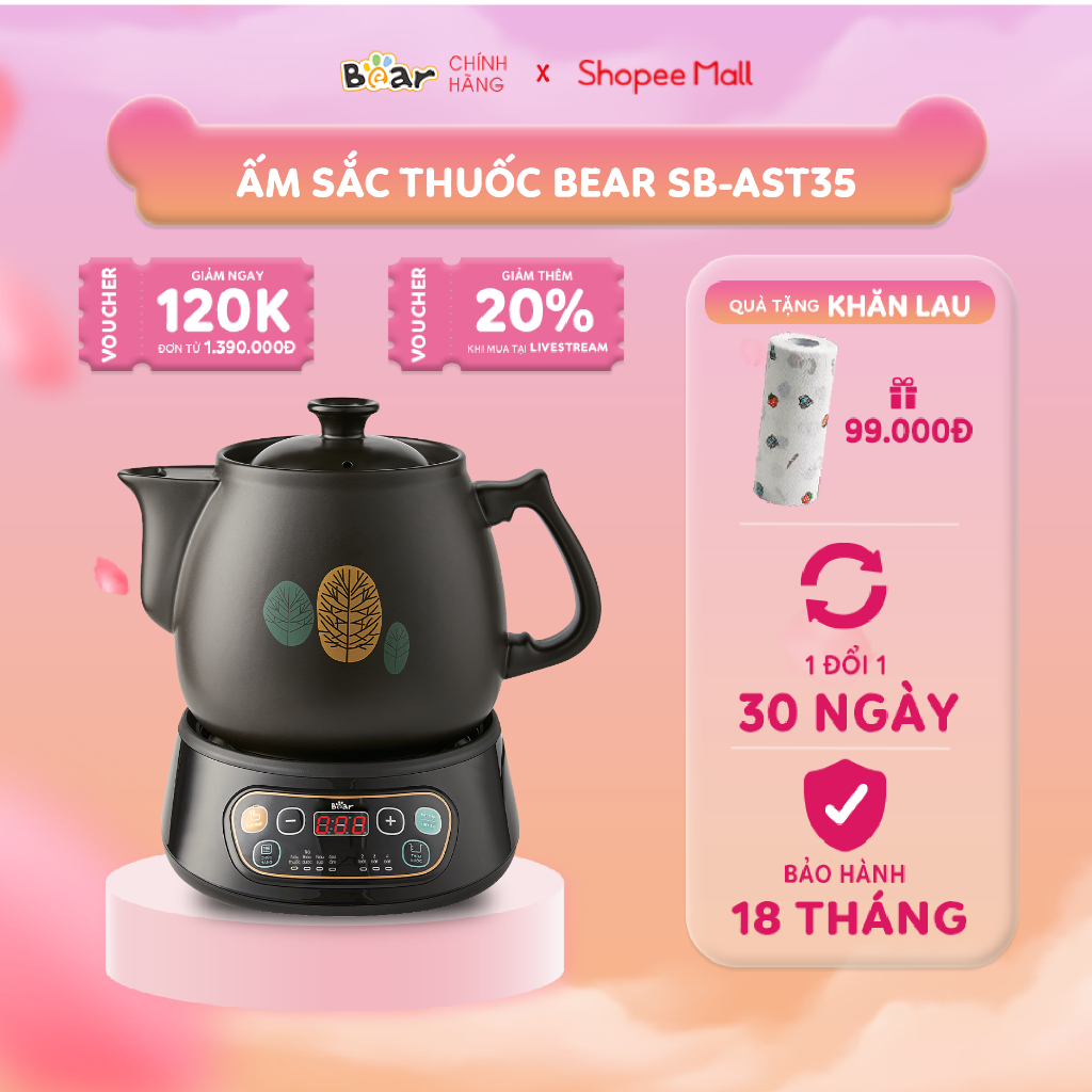 Ấm Sắc Thuốc Bear 3,5L Bằng Điện Đế Rời Giữ Ấm Hẹn Giờ Tiết Kiệm Thời Gian Làm Bằng Đất Sét Và Gốm Sứ Cao Cấp SB-AST35