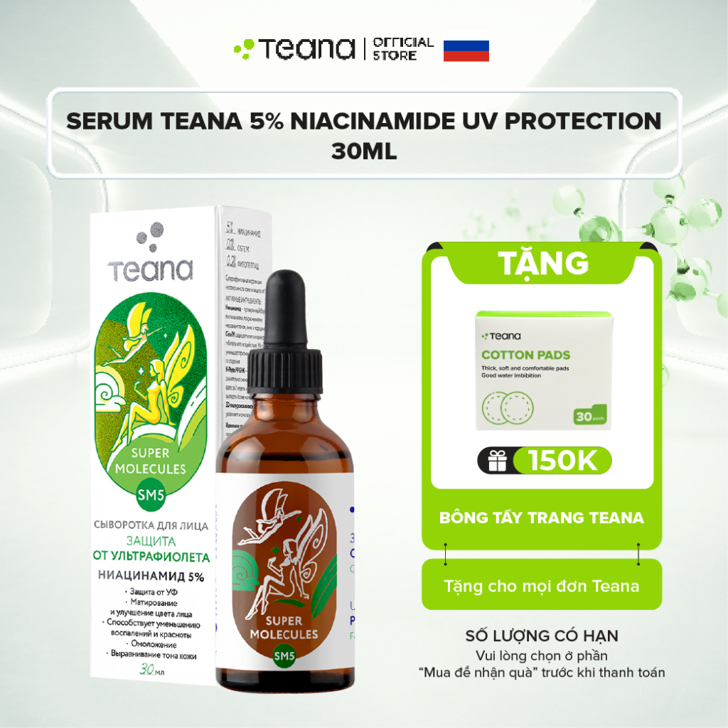 Serum Teana 5% Niacinamide SM5 Super Molecules UV Protection kiềm dầu, ngừa mụn, mờ thâm và bảo vệ da tối ưu - 30ml