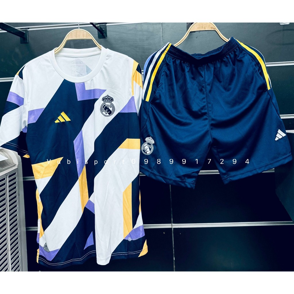 Set bộ quần áo bóng đá thể thao nam nữ real madrid tập luyện 2023 2024 áo tím vàng quần xanh than có túi