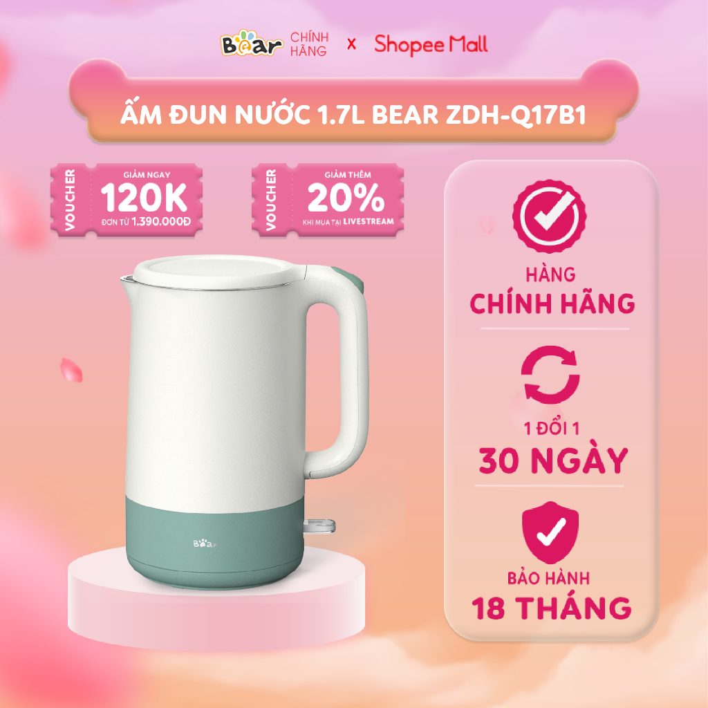 Ấm Pha Trà Siêu Tốc 1,7L Bear Công Suất Lớn, Bình Đun Nước Nóng Nhanh, Bền Bỉ ZDH-Q17B1