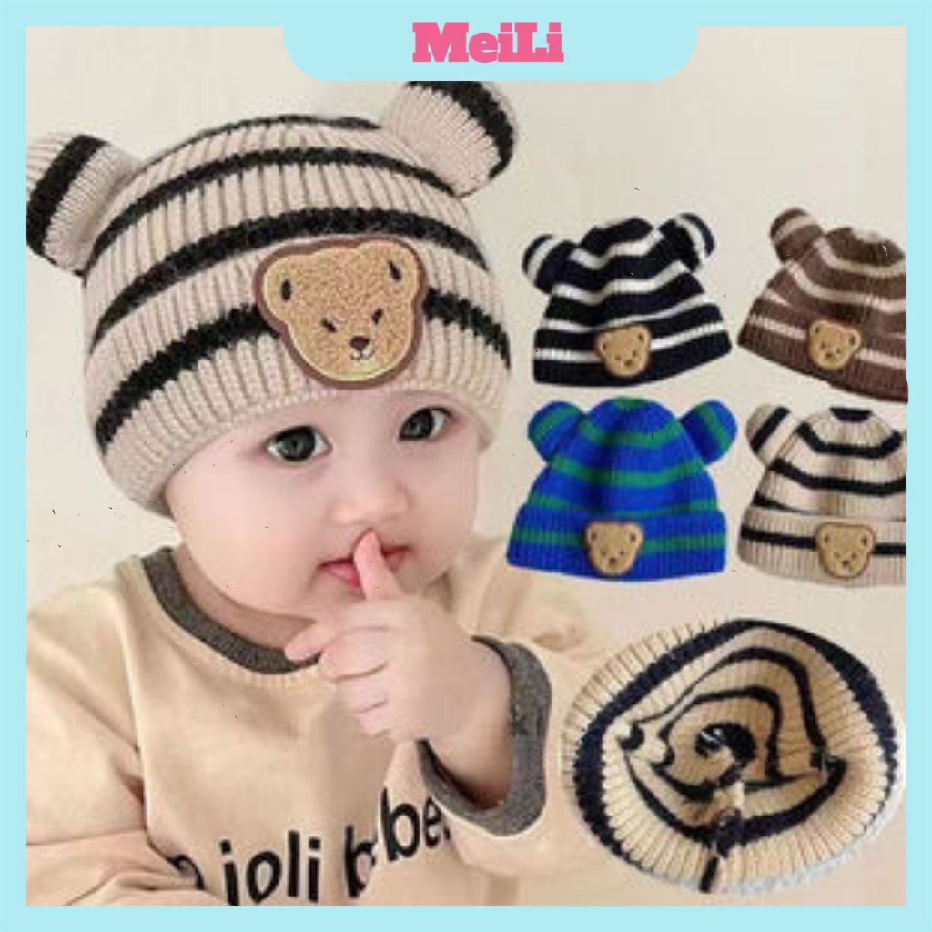 Mũ Len Bé Gấu Sọc Ngang - Nón len  phong cách Hàn Quốc dày dặn ấm áp cho bé từ 3-12 Tháng