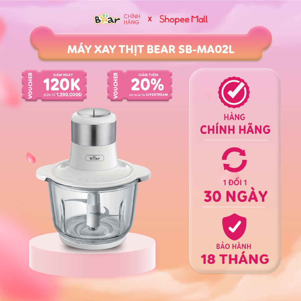 Máy Xay Thịt Đa Năng Bear 2L Cối Thủy Tinh Xay Rau Củ Hạt Cứng Cực Nhuyễn Chống Ồn Dễ Vệ Sinh Công Suất 300W - SB-MA02L