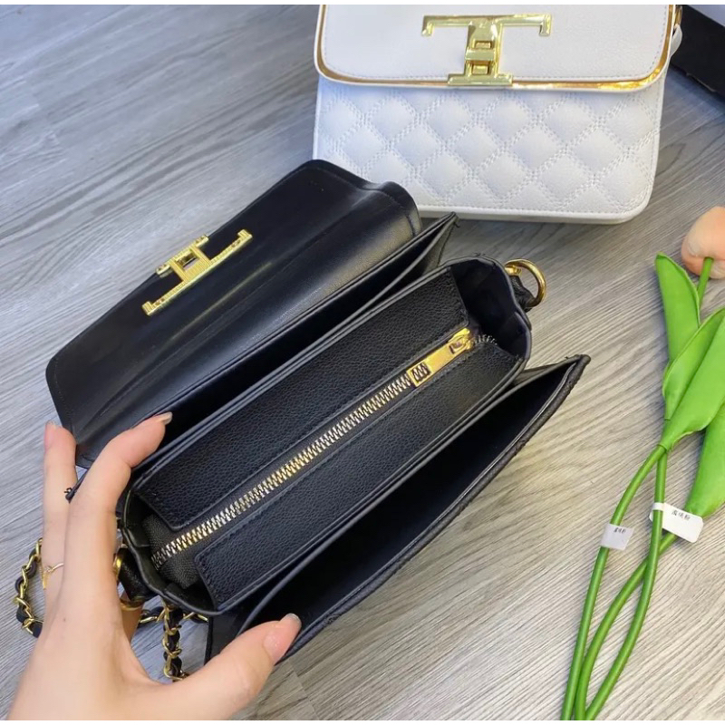 Túi xách túi đeo chéo nữ khoá T trần trám ba ngăn dây đeo phối xích k có chuông