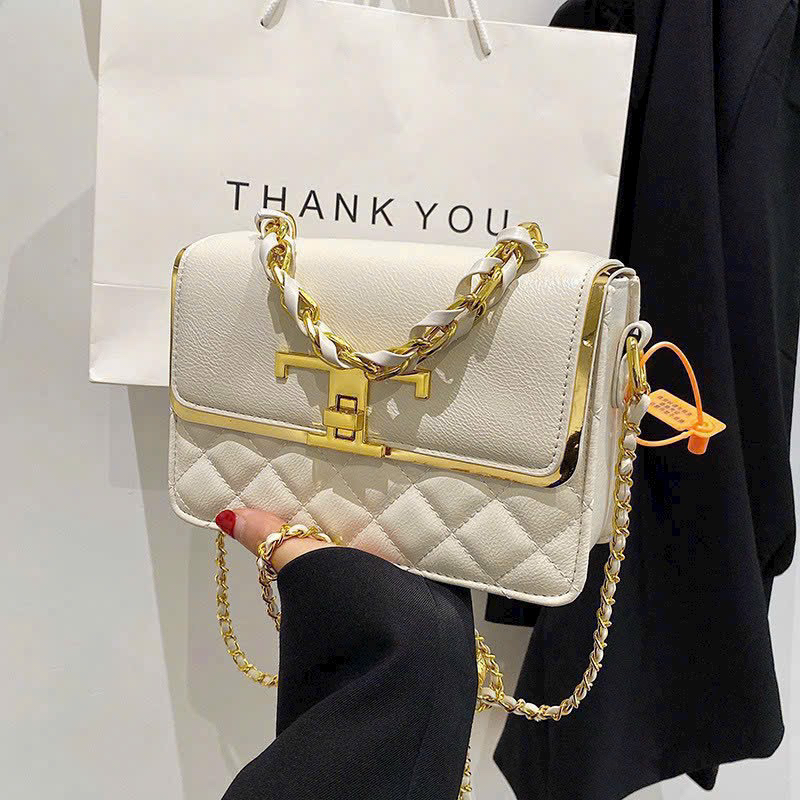 Túi xách túi đeo chéo nữ khoá T trần trám ba ngăn dây đeo phối xích k có chuông