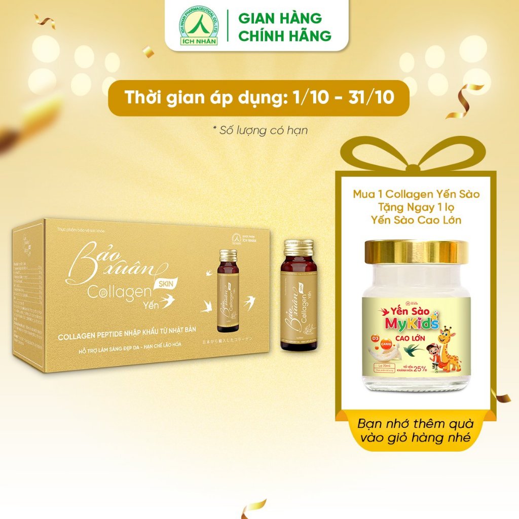 Nước Uống Bổ Sung Bảo Xuân Skin Collagen Yến Sào giúp hạn chế lão hóa, tăng đàn hồi cho da, làm sáng đẹp da 10 Lọ x 50ml