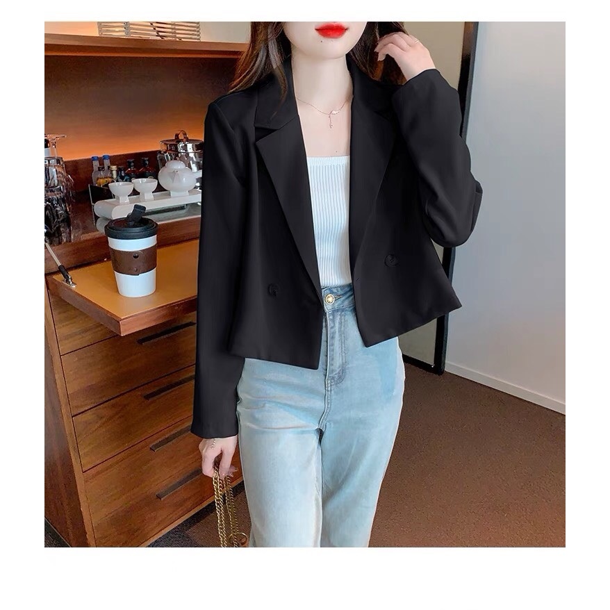 Áo vest nữ dáng ngắn croptop dài tay áo khoác blazer hai lớp chất liệu tuyết mưa cao cấp đen trắng xám mặc đi học đi làm