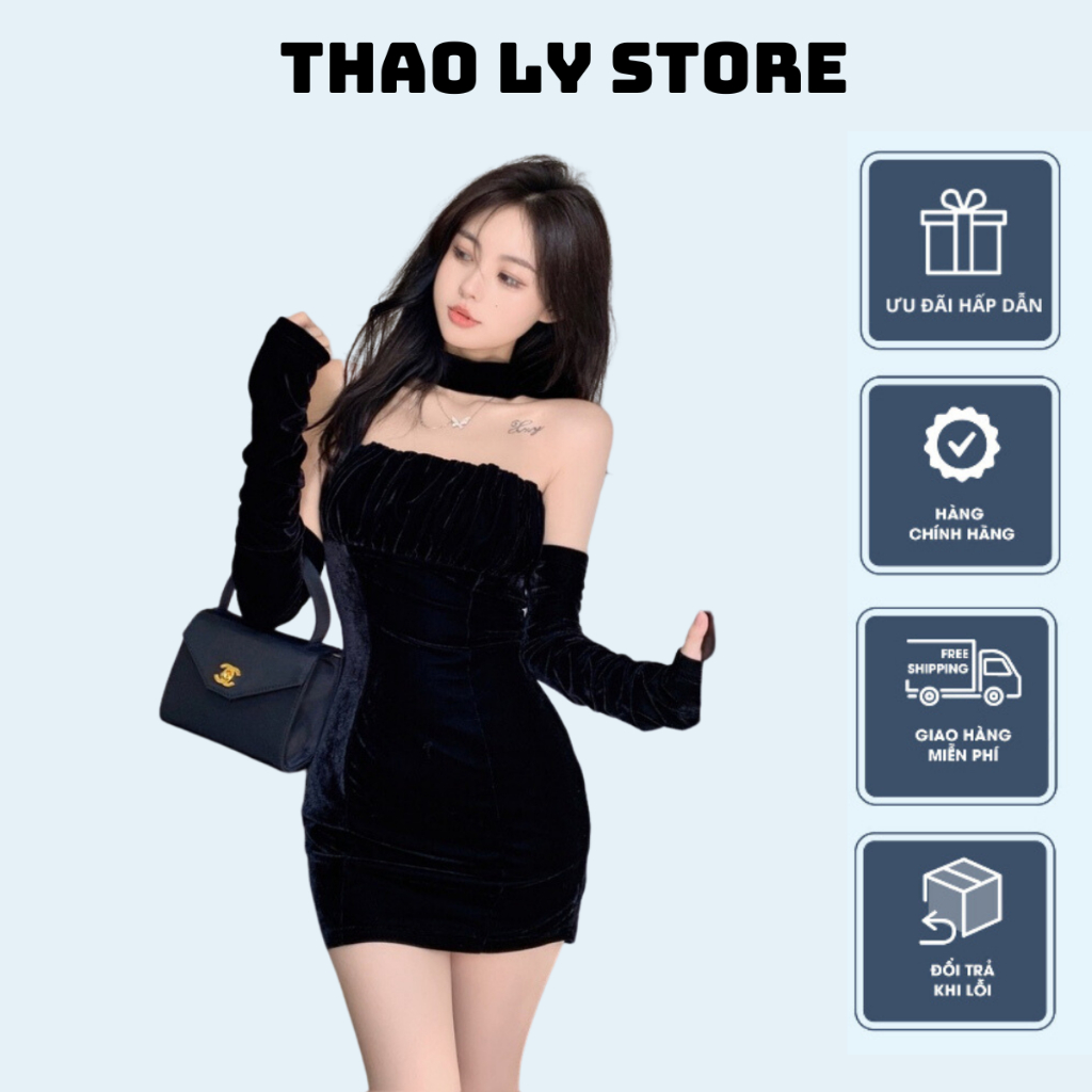Đầm Body Wyne Hở Vai Vải Nhung, Váy Bó Sát Kèm Bao Tay Xinh Đẹp Quyến Rũ Thiết Kế Thu Đông