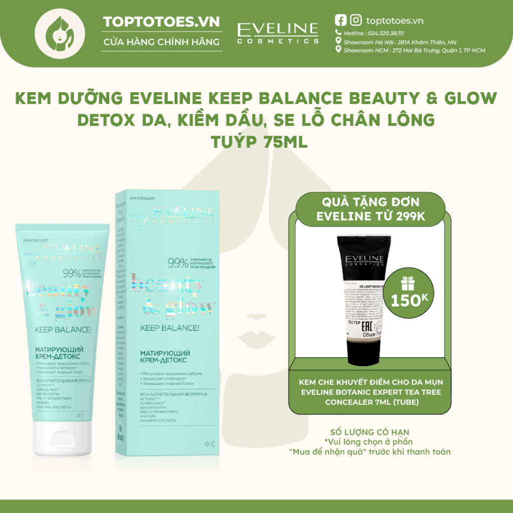 Kem dưỡng Eveline Keep Balance Beauty & Glow Detox da, kiềm dầu, se lỗ chân lông với AHA, BHA và Niacinamide