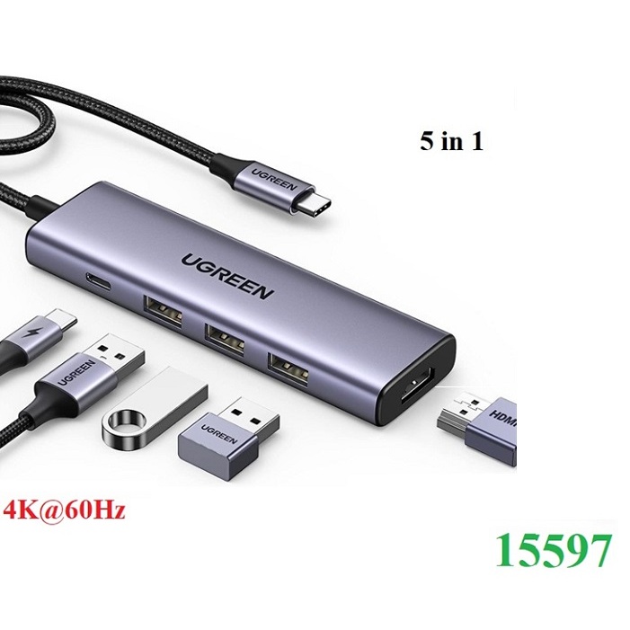 Bộ chuyển Type C To HDMI + 3*USB 3.0 + PD Power 4K@60Hz  Ugreen 15597 CM511