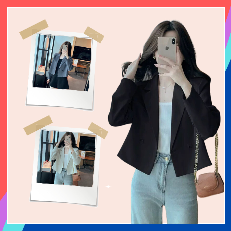 Áo vest nữ dáng ngắn croptop dài tay áo khoác blazer hai lớp chất liệu tuyết mưa cao cấp đen trắng xám mặc đi học đi làm