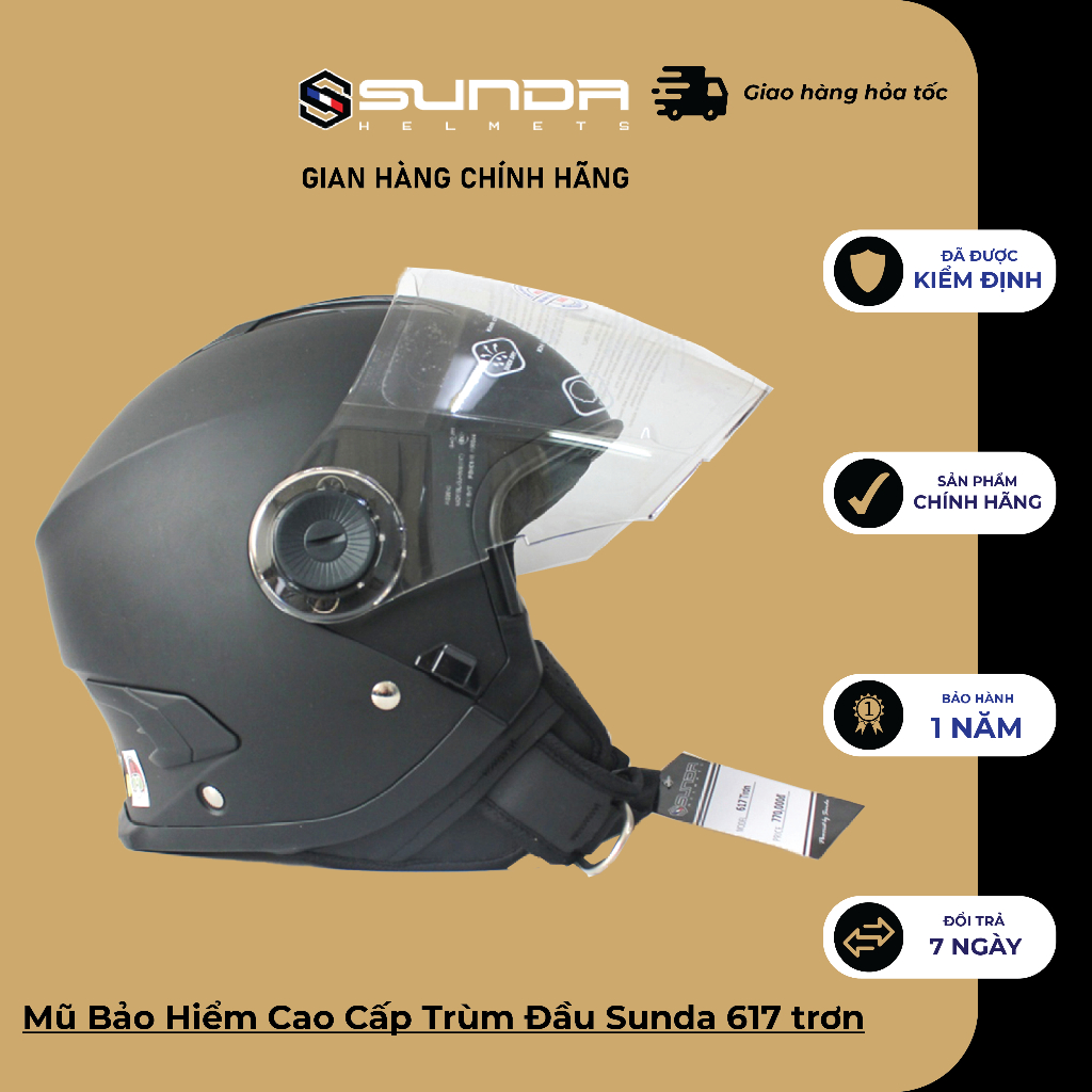 Mũ Bảo Hiểm Cao Cấp Trùm Đầu Sunda 617 trơn - dành cho người có size đầu lớn
