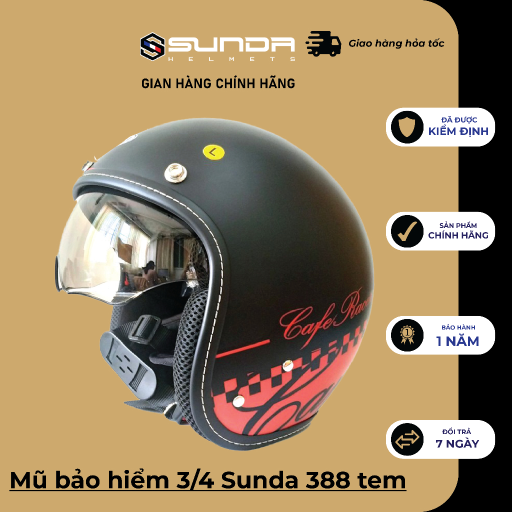 Mũ bảo hiểm 3/4 Sunda 388 tem - nhiều màu