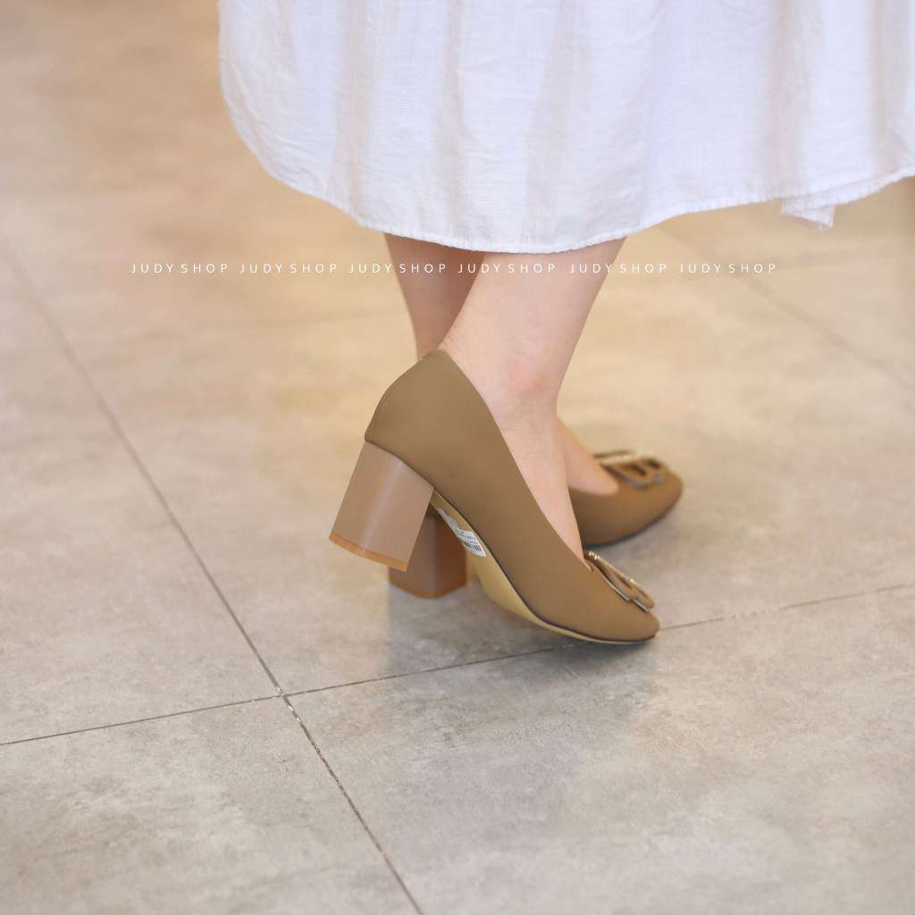 Giày Công Sở - Giày Gót Vuông QBEL Khuy B Đính Đá Da Mềm Đế Cao 6p QCCC Fullbox