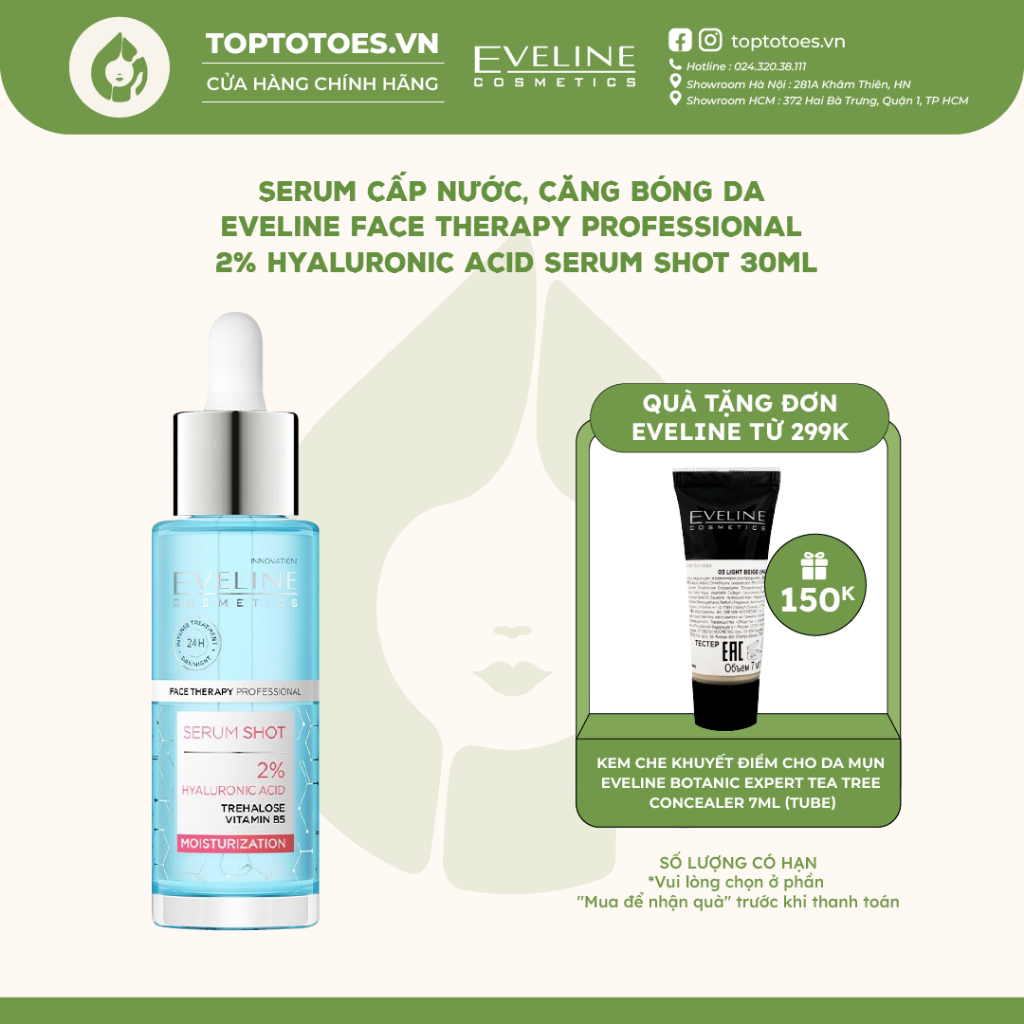 Serum cấp nước, căng bóng da Eveline Face Therapy Professional 2% Hyaluronic Acid Serum Shot 30ml