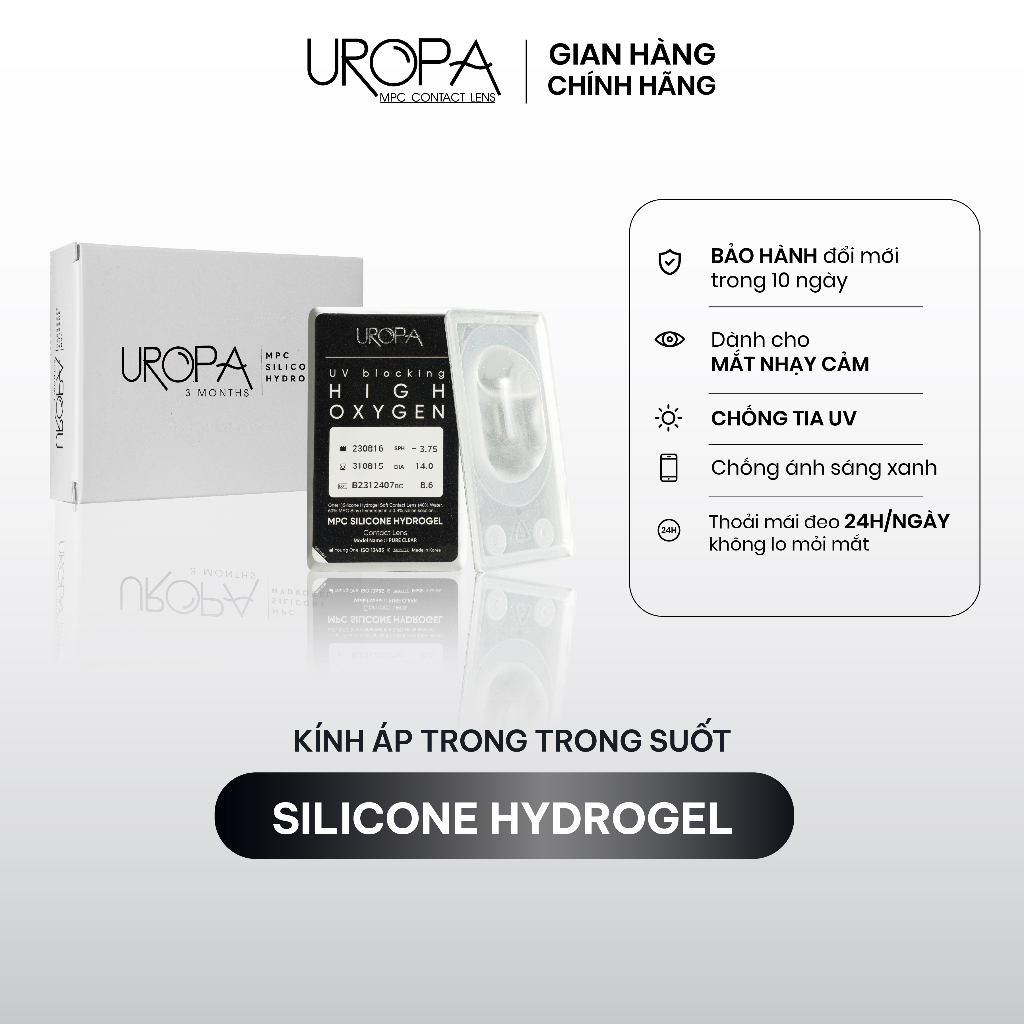 Lens cận trong suốt UROPA Silicone Hydrogel cho mắt nhạy cảm: (chống tia UV, ánh sáng xanh, từ 1-10 độ)