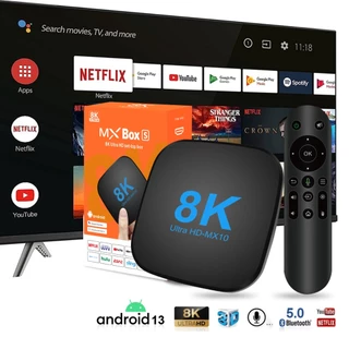 Tv box android 13 cấu hình 16/32/64GB wifi kép xem Youtube Netflix kèm remote giọng nói tiện lợi bh 1 năm MX10 8K