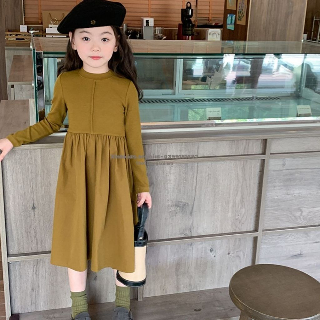 Váy dài tay cho bé gái chất thun tăm mềm mịn  AMBB Kids, váy công chúa cho bé mùa thu đông 2023áy dài tay cho bé gái