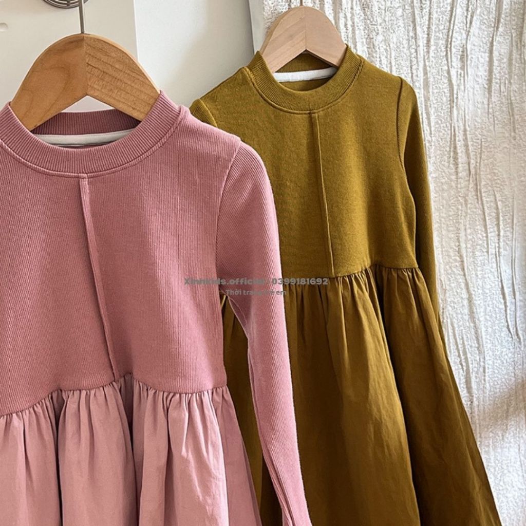 Váy dài tay cho bé gái chất thun tăm mềm mịn  AMBB Kids, váy công chúa cho bé mùa thu đông 2023áy dài tay cho bé gái