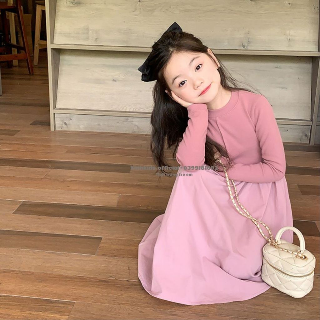 Váy dài tay cho bé gái chất thun tăm mềm mịn  AMBB Kids, váy công chúa cho bé mùa thu đông 2023áy dài tay cho bé gái