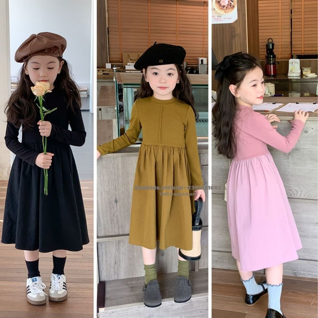 Váy dài tay cho bé gái chất thun tăm mềm mịn  AMBB Kids, váy công chúa cho bé mùa thu đông 2023áy dài tay cho bé gái