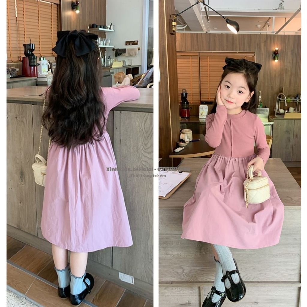 Váy dài tay cho bé gái chất thun tăm mềm mịn  AMBB Kids, váy công chúa cho bé mùa thu đông 2023áy dài tay cho bé gái