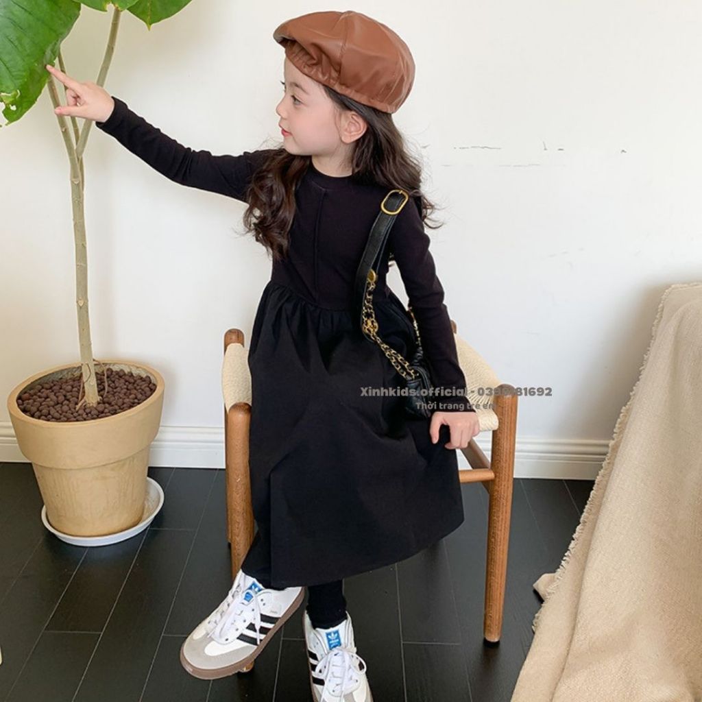 Váy dài tay cho bé gái chất thun tăm mềm mịn  AMBB Kids, váy công chúa cho bé mùa thu đông 2023áy dài tay cho bé gái