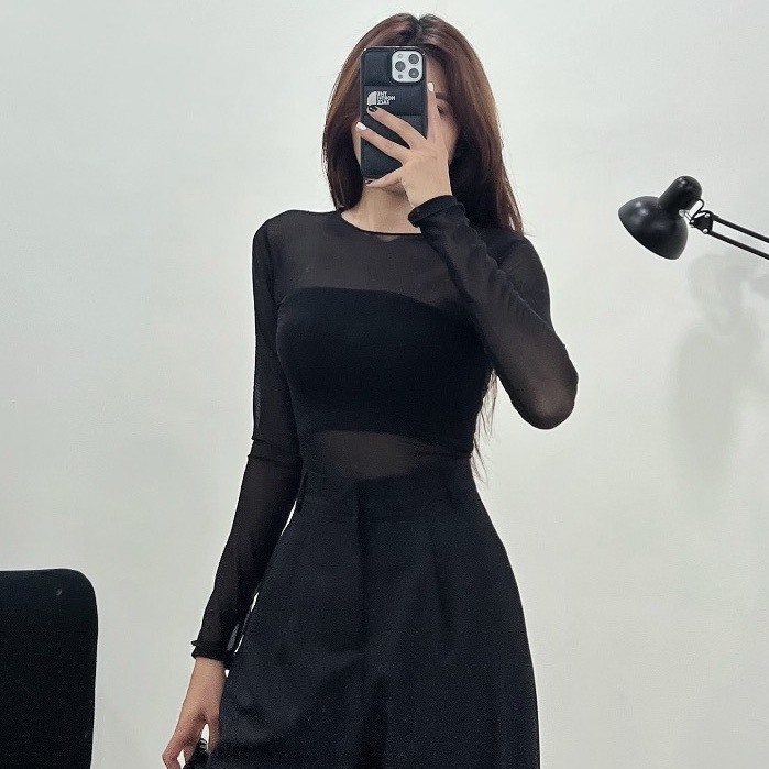 Áo Thun Lưới Tay Dài Xuyên Thấu RANSHI Kèm Áo Lót Bên Trong Style Cá Tính Chất Thun Lưới - RA187