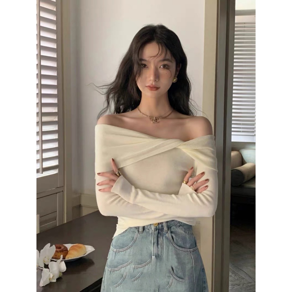 Áo Trễ Vai  Kiểu Tay Dài RANSHI Phối Viền Xoắn Siêu Xinh Form Ôm Sát Tôn Dáng Style Nữ Tính - RA186