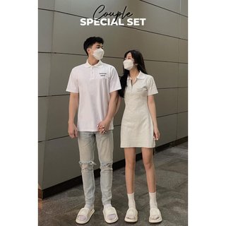 Set đôi heaven sent áo và váy polo basic màu trắng tiêu đen