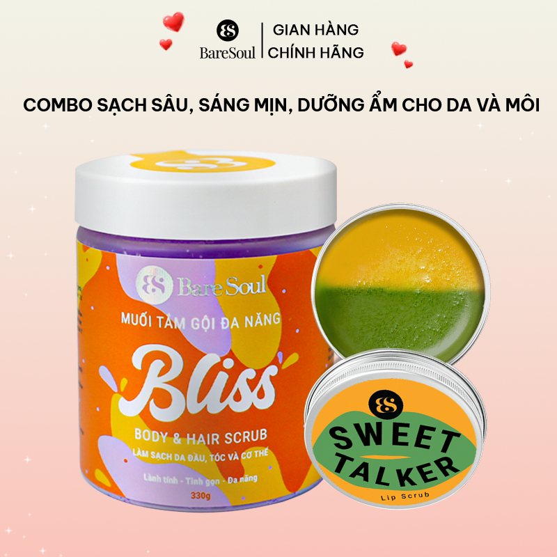 Combo sạch sâu, sáng mịn, dưỡng ẩm cho da và môi BareSoul BLISS Body Hair Scrub 330g + Sweet Talker Lip Scrub 20g