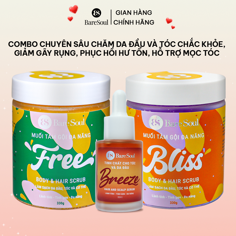 Combo chuyên sâu da đầu và tóc giảm gãy rụng, phục hồi hư tổn, hỗ trợ mọc tóc BareSoul FREE 330g+ BLISS 330g+ BREZEE 30m