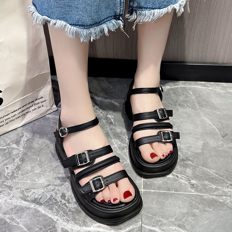 Giày Bánh Mì - Giày Sandal Nữ Đế Độn 3 Quai Ngang Khuy Cao 5p QCCC