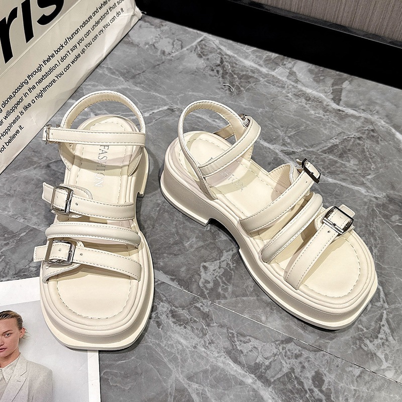 Giày Bánh Mì - Giày Sandal Nữ Đế Độn 3 Quai Ngang Khuy Cao 5p QCCC