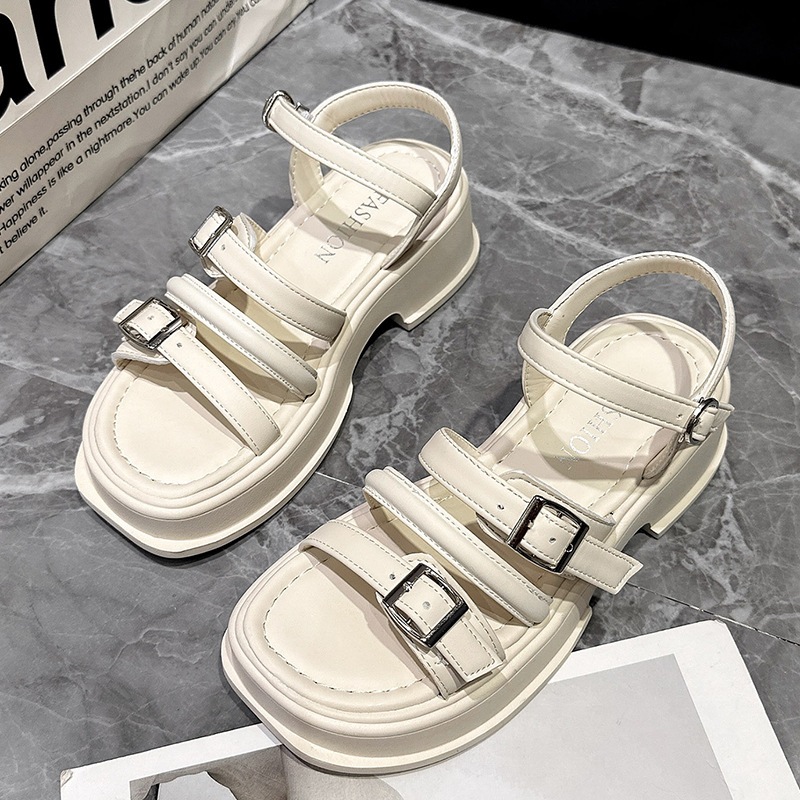 Giày Bánh Mì - Giày Sandal Nữ Đế Độn 3 Quai Ngang Khuy Cao 5p QCCC